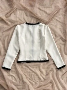 Soleia WYWH 女士度假系带蝴蝶结西装外套、黑白格子纽扣夹克、秋季服装 - 黑與白 - 查看 2