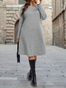 Plus Size Spring & Fall Casual Long Sleeve Dress, Warm Clothes - Grey - View 3