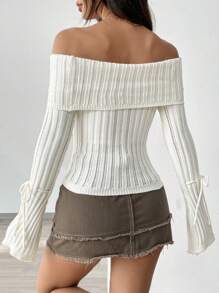 Flirla Versatile Off Shoulder Knitted Sweater, Fall Winter - Apricot - View 2