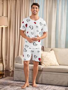Heart Printed Casual Men's Pajama Set - White - View 3