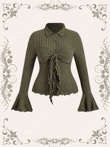 SHEIN MOD Áo sơ mi tay loe thắt nơ đa năng màu xanh quân đội cỡ lớn - xanh quân đội - Xem 1