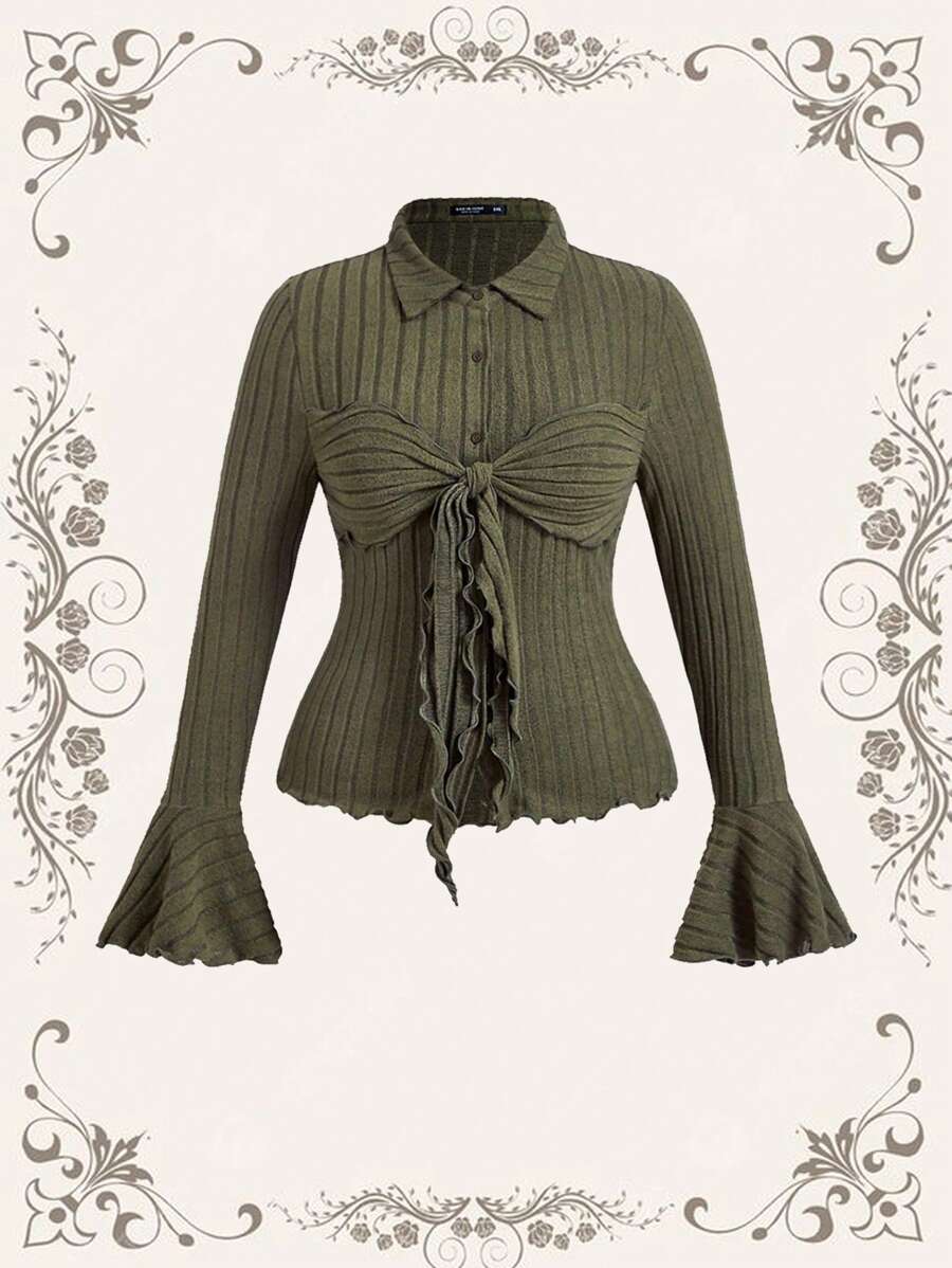 SHEIN MOD Áo sơ mi tay loe thắt nơ đa năng màu xanh quân đội cỡ lớn - xanh quân đội - Xem 1