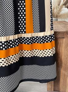 SHEIN LUNE Plus Size Casual Holiday Color Block Polka Dot Print Notched Neck Flare Sleeve Dress