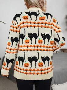 Calvaya Suéter Plus Size Estampado de Halloween para Outono, Pulôver de Tricô para Outono e Inverno - Multicolorido - Ver 2