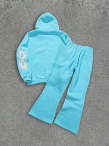 Manfinity EMRG Letter & Flame Print Zip-Up Hoodie And Drawstring Sweatpants Casual Set, Men Sweatsuit Set, Men 2 Piece Set, Blue Sweatsuit - Baby Blue - View 2