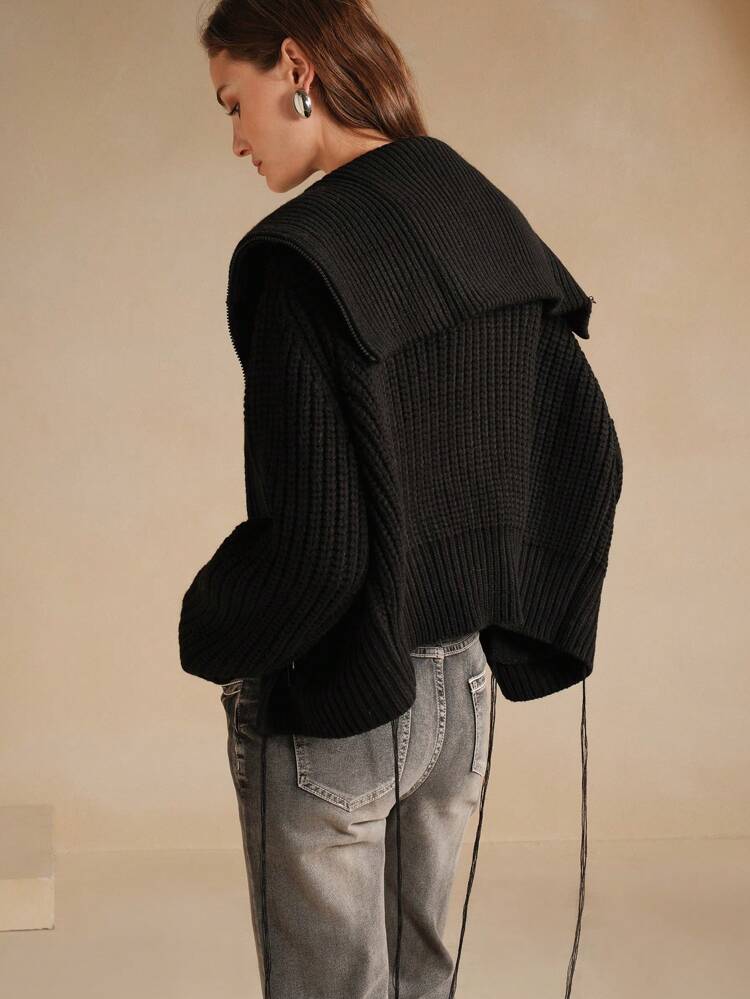 Women's Urban Fringe Zip-Up Black Sweater Cardigan With Large Lapel