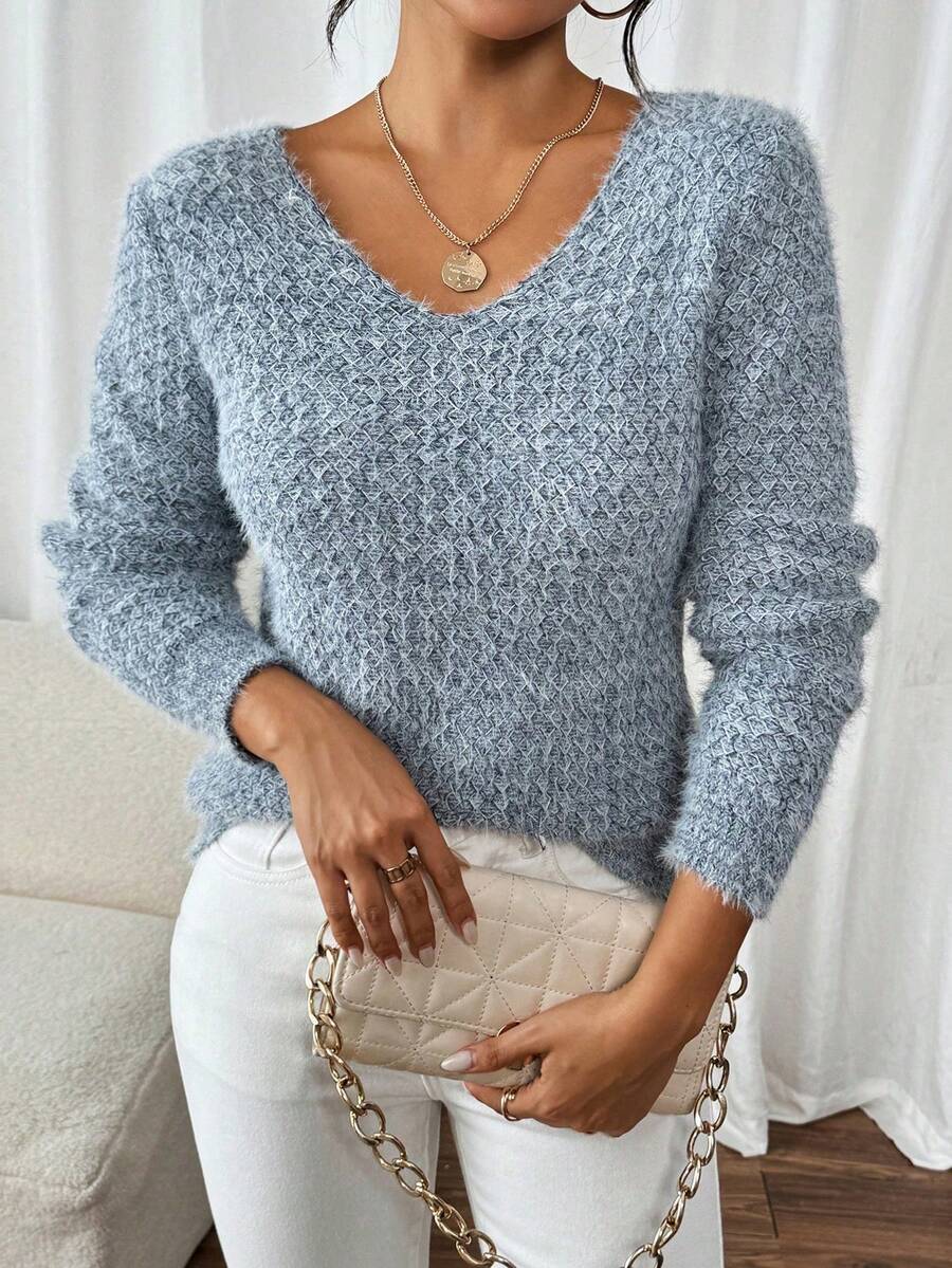 1pc Women's Open Shoulder Sweater, Fashion Loose V-Neck Soft Knit Pullover Top, Versatile & Gentle Casual Fall - Baby Blue - View 1
