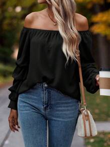 SHEIN Clasi 露肩褶饰主教袖衬衫、长袖上衣 - 黑色 - 查看 3