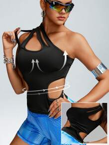 Innovista 运动网眼曲线剪裁和镂空运动 T 恤、基本款 T 恤、健身上衣、短款上衣、服装 T 恤上衣、性感短款背心、外出上衣、派对、健身和日常休闲、节日 - 黑色 - 查看 4