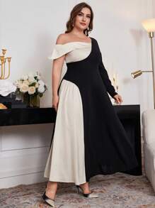 Modelyn Plus Size Black And White Color Block Asymmetric Neck Dress For Women,Elegant Autumn Dinner A Line Maxi Dresses For Evening Party,Wedding Guest Outfit - Multicolor - View 3