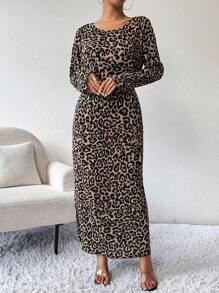 SHEIN Clasi 女士豹纹长裙 女式超长套装 - 黑色 - 查看 5