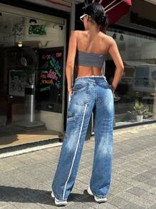 EURMUSE 100% Cotton Mid-Rise Distressed Pocket Cargo Denim Jeans - Blue - View 2