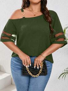 SHEIN LUNE Áo cánh thường ngày cỡ lớn không đối xứng lưới tương phản, mùa xuân và mùa hè - xanh quân đội - Xem 3