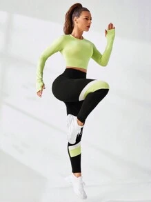 SHEIN Cheerettes Women's Summer&Spring Gym&Workout Sportswear Black And Green Color Block High Elasticity Breathable Fabric Women's Sports Set Neck Long Sleeve Top And Skinny Leggings Sports - Multicolor - View 5