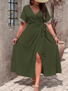 Franclia Plus Size Vacation Casual Contrast Lace Tie-Up Wrap Dress