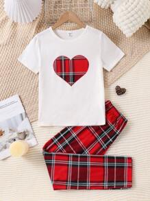 2 件套 Tween Girl 格子裤和心形印花短袖上衣休闲家居服套装，阻燃 - 彩色 - 查看 1
