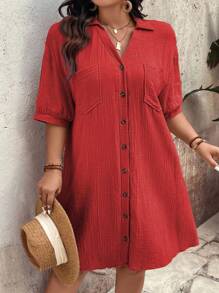 EMERY ROSE Plus Size Women's Solid Color Minimalist Casual Short Sleeve Dress For New Year Clothes - Red - View 3