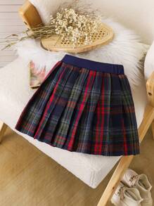 SHEIN Genkimix Kids 圣诞节年轻女孩经典格子百褶裙，带蝴蝶结，红色和蓝色格子休闲校园日常穿着裙子，适合圣诞节和日常场合 - 彩色 - 查看 4