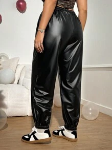 SHEIN EZwear Plus Size Fashionable Elastic Waist PU Jogger Pants For Early Autumn - Black - View 2