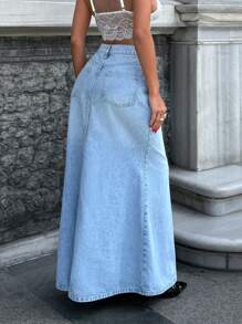 RueChic 100% Cotton High-Waisted Extra Long Non-Stretch Flare Denim Skirt - Light Wash - View 2