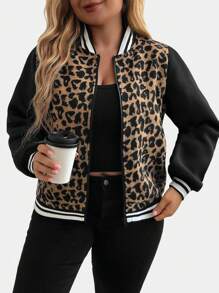 SHEIN LUNE Plus Size Colorblock Leopard Print Baseball Jacket Winter Clothes - Multicolor - View 4