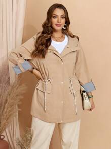 EMERY ROSE Plus Size Fall Khaki Casual Contrast Stripe Drawstring Hooded Trench Women Coat Jacket,Fall Women Clothes