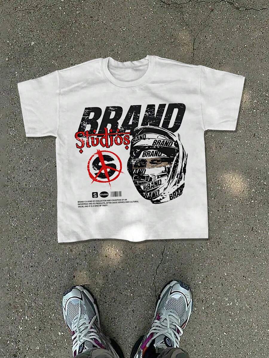 GENIUS ODE 男士字母印花圆领短袖 T 恤，夏季，休闲，送给朋友 - 白色 - 查看 1