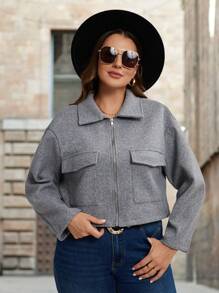 Áo khoác len ngắn cổ bẻ cỡ lớn, mùa thu - Xám - Xem 3