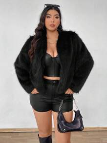 Allurite Plus Size Solid Color Long Sleeve Plush Jacket For Autumn, For Winter Fall Cloth For Women - Black - View 1