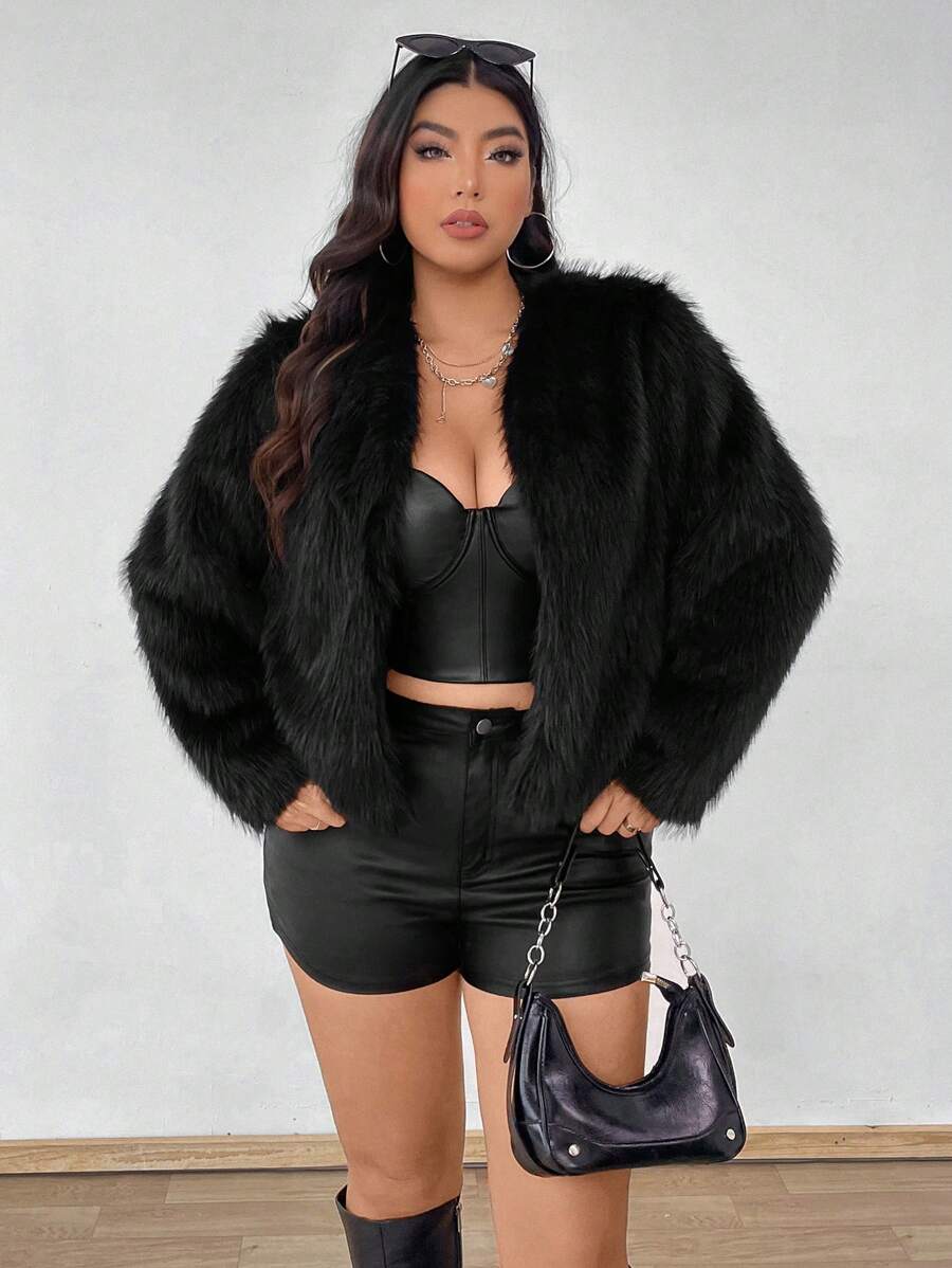 Allurite Plus Size Solid Color Long Sleeve Plush Jacket For Autumn, For Winter Fall Cloth For Women - Black - View 1