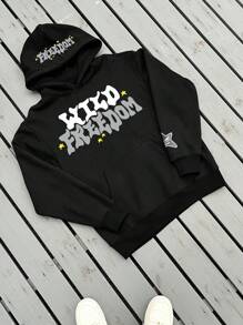 Manfinity Roghcode Plus Size Men's Minimalist Print Hooded Sweatshirt, Long Sleeve - Black - View 1
