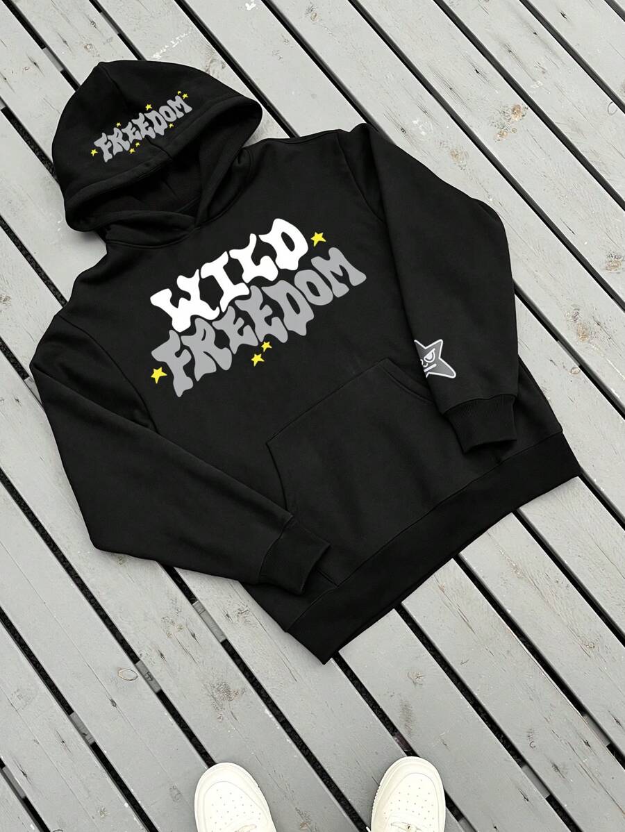 Manfinity Roghcode Plus Size Men's Minimalist Print Hooded Sweatshirt, Long Sleeve - Black - View 1