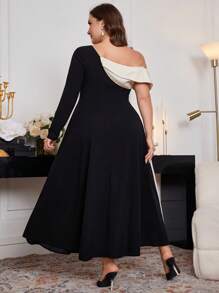 Modelyn Plus Size Black And White Color Block Asymmetric Neck Dress For Women,Elegant Autumn Dinner A Line Maxi Dresses For Evening Party,Wedding Guest Outfit - Multicolor - View 2