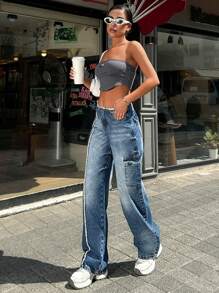 EURMUSE 100% Cotton Mid-Rise Distressed Pocket Cargo Denim Jeans - Blue - View 5