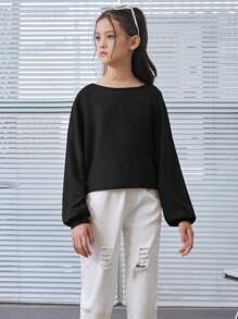 SHEIN Leap Crew Tween Girl 罗纹针织宽松复古短款长袖 T 恤 - 黑色 - 查看 5