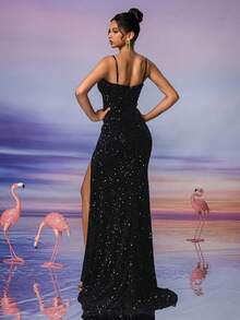 Váy dự tiệc xẻ cao cổ xẻ sequin cổ điển AOSHABABI dành cho nữ, phù hợp với mọi dịp trang trọng, tiệc Gala lớn, khách dự tiệc cưới, tiệc ngày lễ, lễ hội âm nhạc, khiêu vũ tốt nghiệp, tiệc cocktail, hẹn hò, kỳ nghỉ và váy phù dâu - màu đen - Xem 3