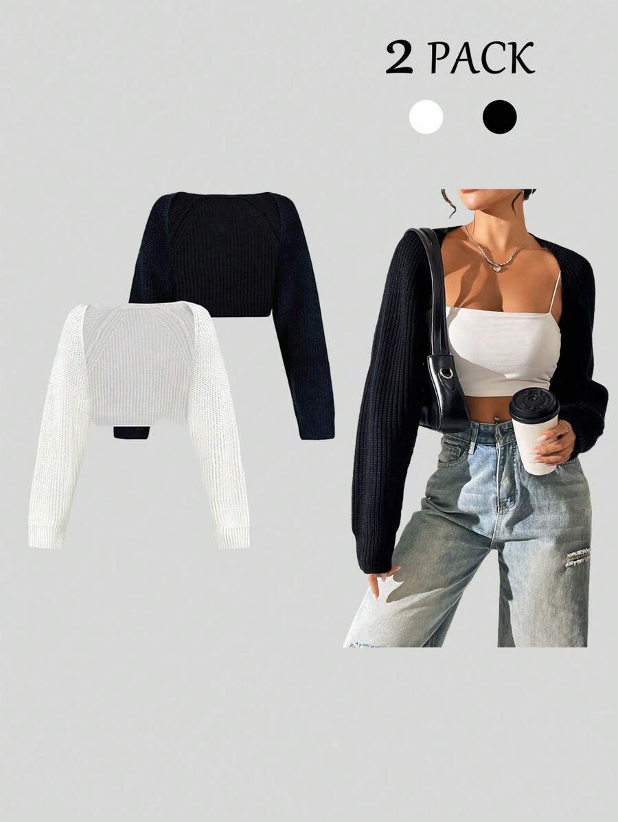 SHEIN PETITE Short Style Casual Loose Cardigan,Long Sleeve Tops - Black and White - View 1
