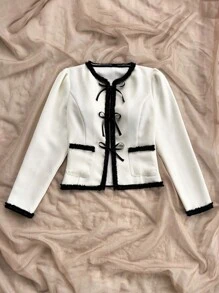 Soleia WYWH 女士度假系带蝴蝶结西装外套、黑白格子纽扣夹克、秋季服装 - 黑與白 - 查看 3