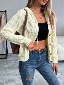 SHEIN LUNE Casual Solid Color Hooded Cardigan With Dual Pockets, Spring Autumn