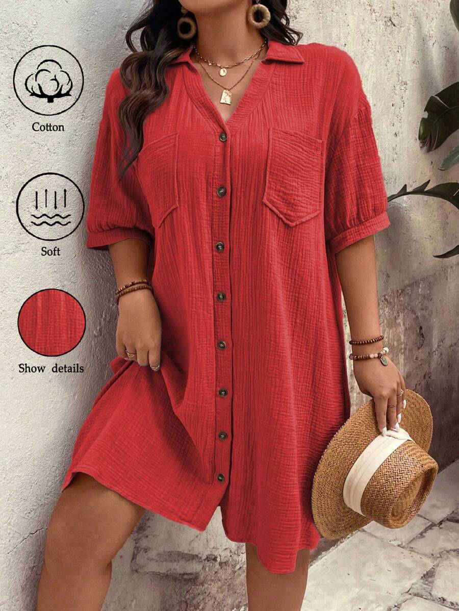 EMERY ROSE Plus Size Women's Solid Color Minimalist Casual Short Sleeve Dress For New Year Clothes - Red - View 1