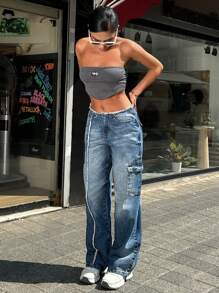 EURMUSE 100% Cotton Mid-Rise Distressed Pocket Cargo Denim Jeans - Blue - View 3