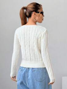 SHEIN Unity V-Neck Cable Knit Sweater,Long Sleeve Tops, Knit Pullover Fall Winter - White - View 2
