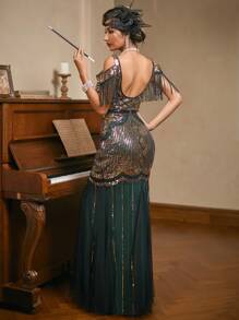 Đầm dạ hội dài LVNES kiểu Gatsby cổ chữ V đính hạt cườm thập niên 1920, thích hợp cho tiệc cưới, dạ hội, lễ hội trường, kỳ nghỉ xuân, có tua rua. - Màu xanh lá cây đậm - Xem 5