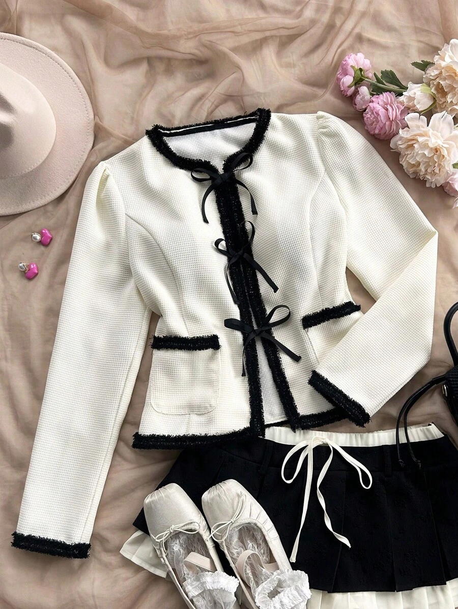 Soleia WYWH 女士度假系带蝴蝶结西装外套、黑白格子纽扣夹克、秋季服装 - 黑與白 - 查看 1