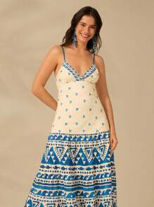 CAJUNI Đầm xòe hở vai cổ chữ V họa tiết Boho, họa tiết sóng và cá nhỏ cho nữ, váy dài thướt tha cho kỳ nghỉ bãi biển mùa hè - Nhiều màu - Xem 8