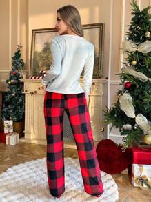 CoupledUp Conjunto de pijama de franela con estampado de ciervos navideños para mujer