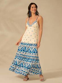 CAJUNI Đầm xòe hở vai cổ chữ V họa tiết Boho, họa tiết sóng và cá nhỏ cho nữ, váy dài thướt tha cho kỳ nghỉ bãi biển mùa hè - Nhiều màu - Xem 2