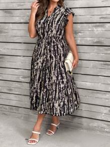 Plus Size Random Print Notch Neck Cap Sleeve Dress