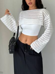 Lunelith SHEIN Lunessa Suéter corto casual y sexy de mujer, holgado y tejido con diseño hueco, para primavera y verano