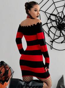 Flirla 万圣节双色条纹露肩紧身毛衣连衣裙 - 彩色 - 查看 2